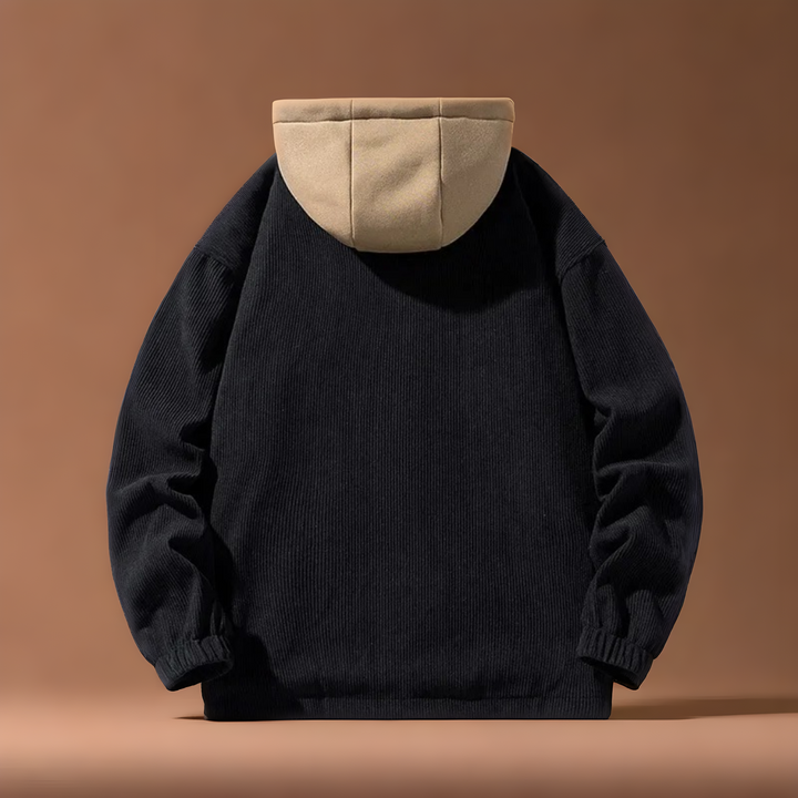 Beige men's corduroy jacket. Versatile, warm outerwear for stylish everyday casual winter outfits.