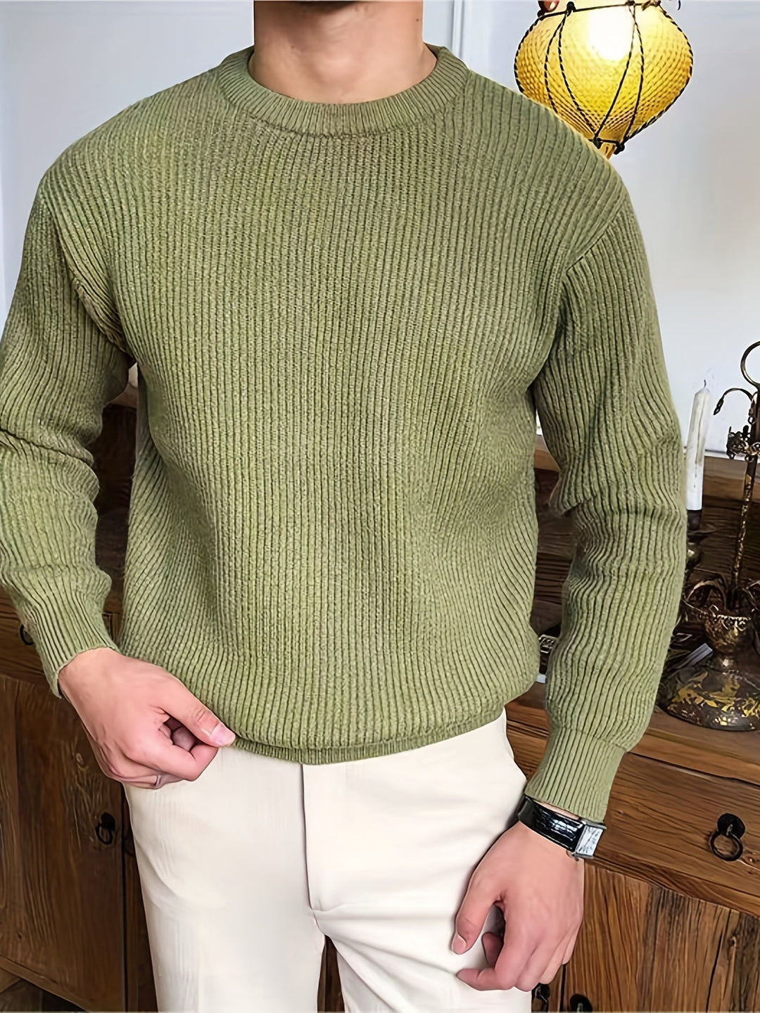 Timeless men's elegant crew neck knit sweater. Soft, comfortable long sleeve for casual style.