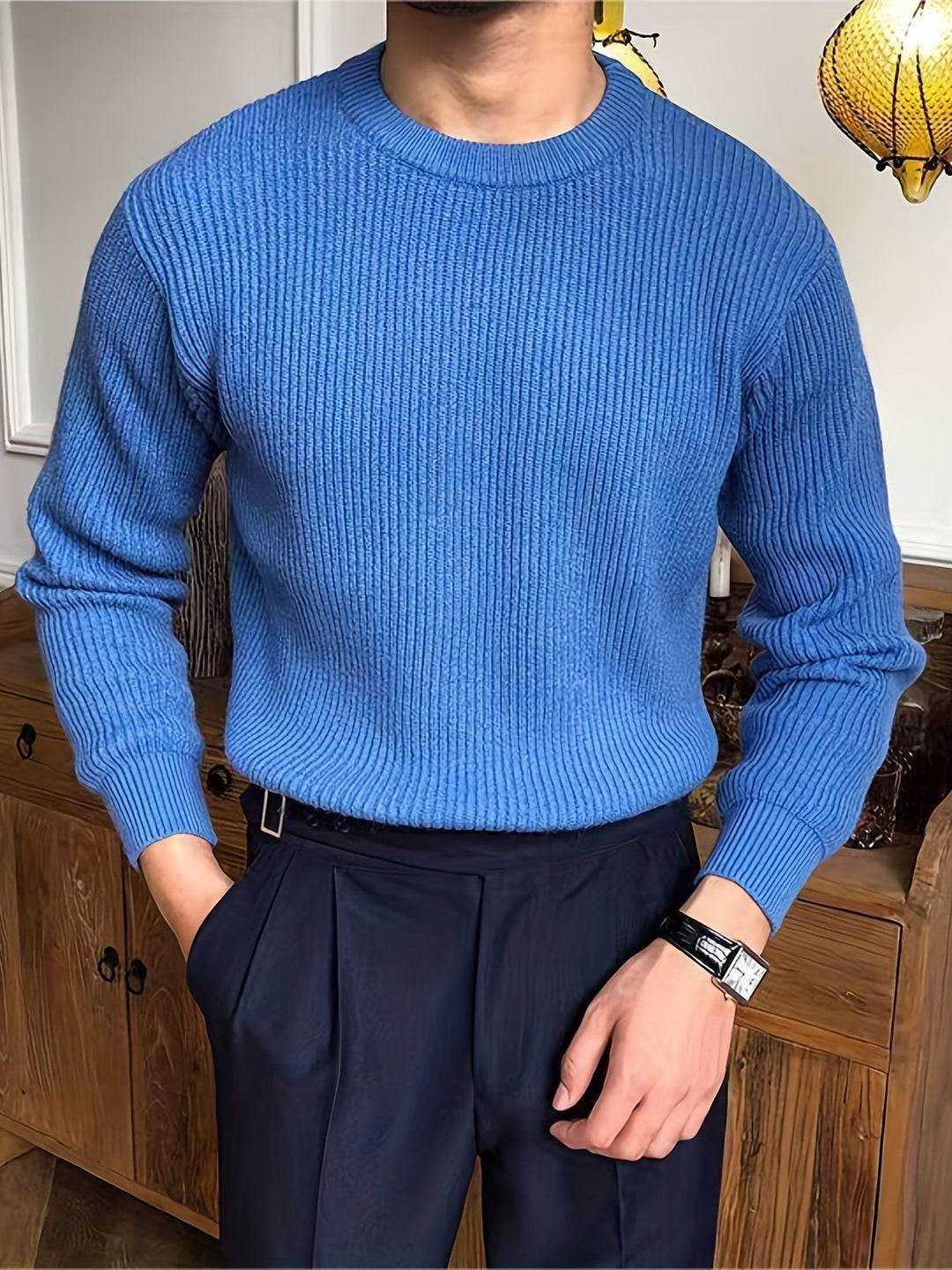 Durable men's classic crew neck knit sweater. Long sleeve, perfect for everyday versatile fashion.