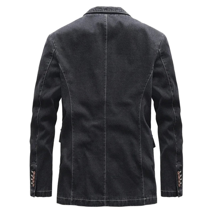 Black men's classic denim jacket, vintage style, button-up fashion. Versatile outerwear for men.
