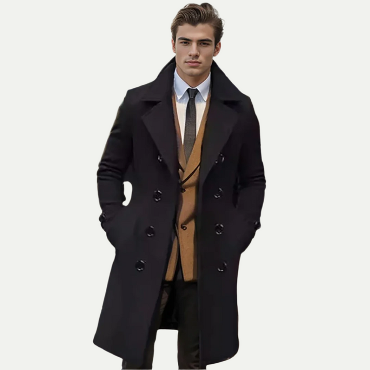 Stylish men's double-breasted long trench coat, ideal for autumn & winter men's fashion outerwear.