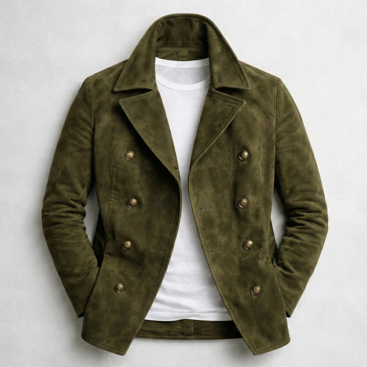 Stylish men's double-breasted pea coat, versatile outerwear for fall and winter fashion, tailored fit.