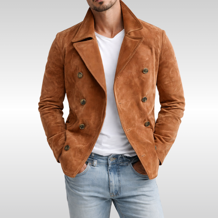 Warm men's classic pea coat, double-breasted design for cold weather, ideal winter fashion and everyday wear.