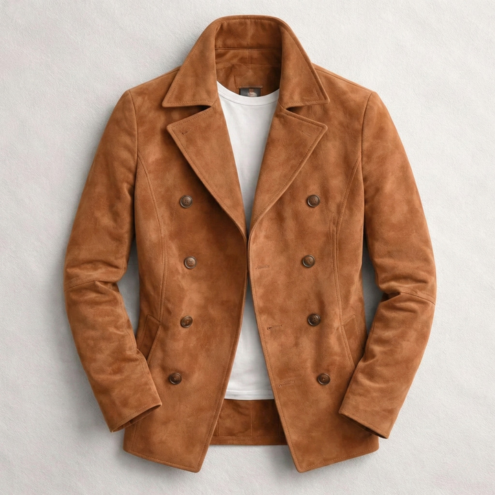 Classic men's tailored pea coat, double-breasted design, offering sophisticated everyday style for men.