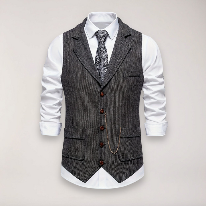 Men's classic fit herringbone waistcoat with reversed collar, perfect for formal or smart casual outfits.