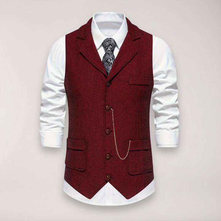 Stylish men's herringbone vest featuring a distinctive reversed collar, offering a refined touch to any men's outfit.