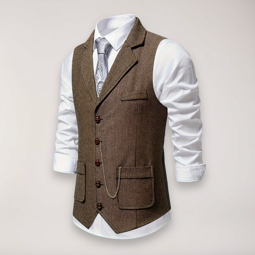 Versatile men's classic fit herringbone waistcoat with reversed collar, suitable for formal events & smart casual fashion.
