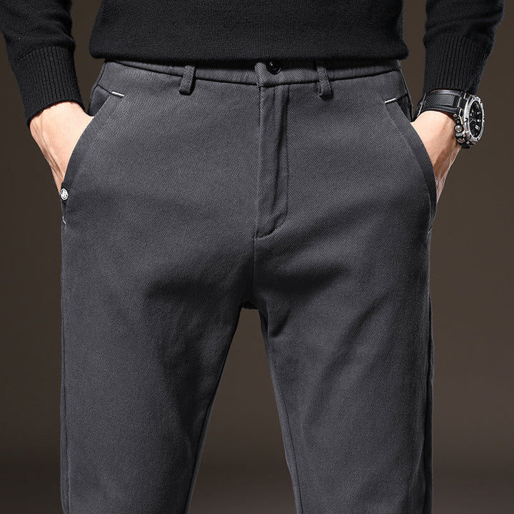 Comfortable black men's stretch pants, classic fit, easy care for daily wear.