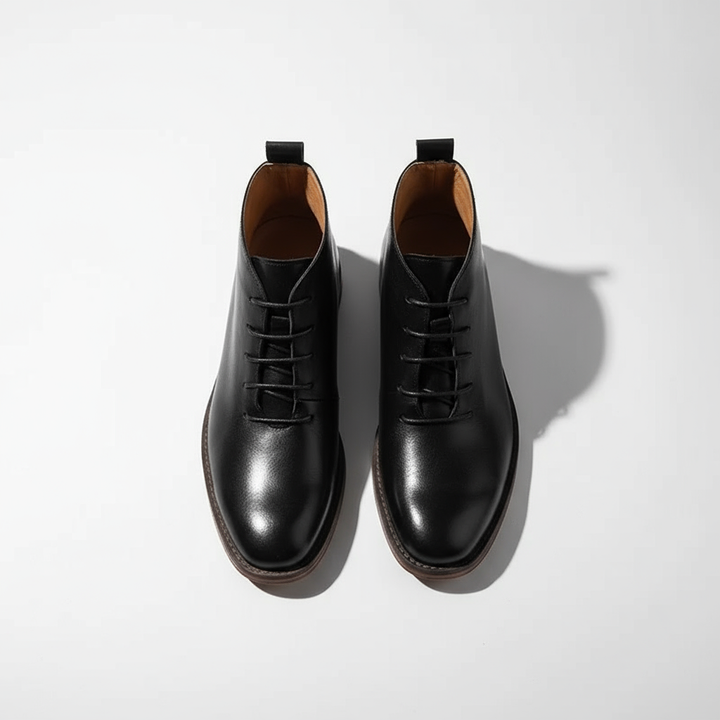 Black men's classic full-grain leather boots, side profile showing Goodyear welt & timeless design.