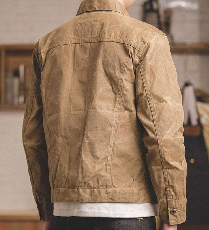 Front view of men's khaki casual jacket with classic style, ideal for everyday wear.