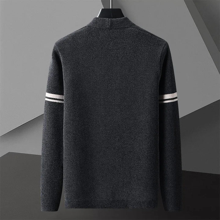 Versatile dark gray men's classic cardigan, perfect for layering and smart casual outfits. Timeless style & comfortable.