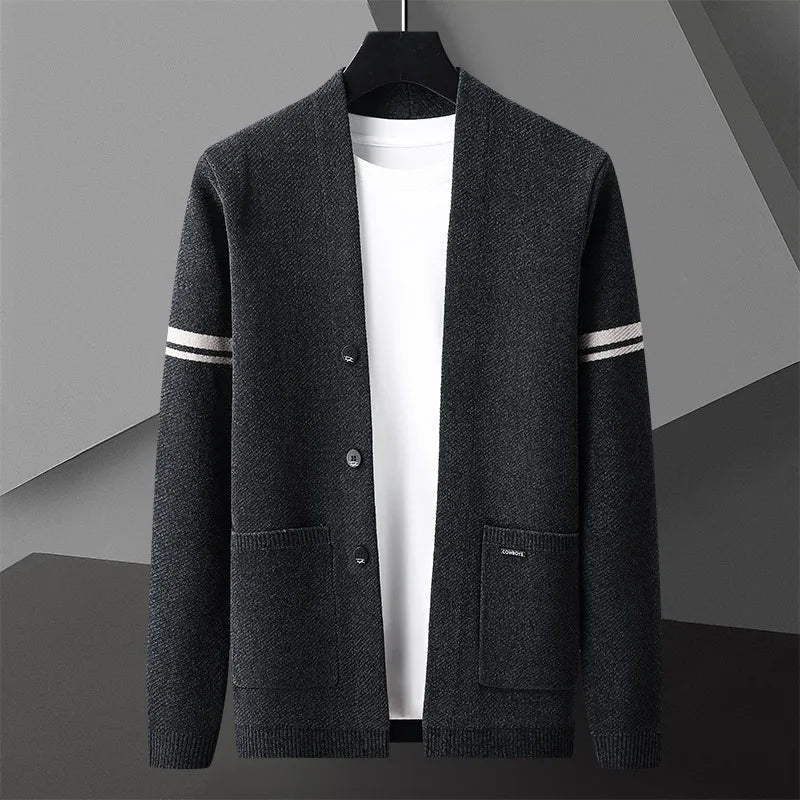 Black men's classic layering cardigan, a stylish and comfortable outerwear piece for modern smart casual looks.