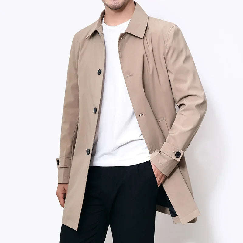 Stylish black men's classic water-repellent trench coat. Versatile overcoat for business casual & all seasons.
