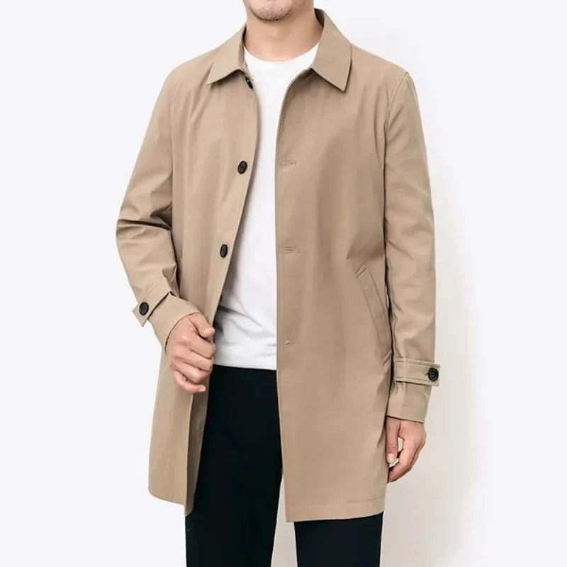 Classic men's double-breasted water-repellent trench coat with belt, offering timeless style & protection.