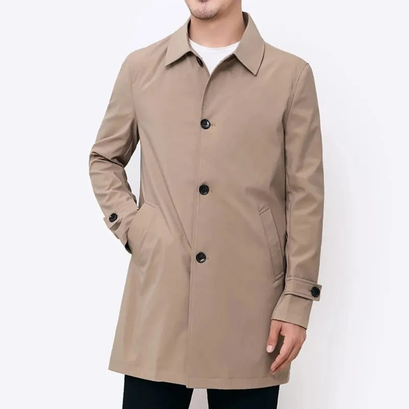 Men's water-repellent trench coat in a classic style, ideal for business casual or everyday fall/spring wear.
