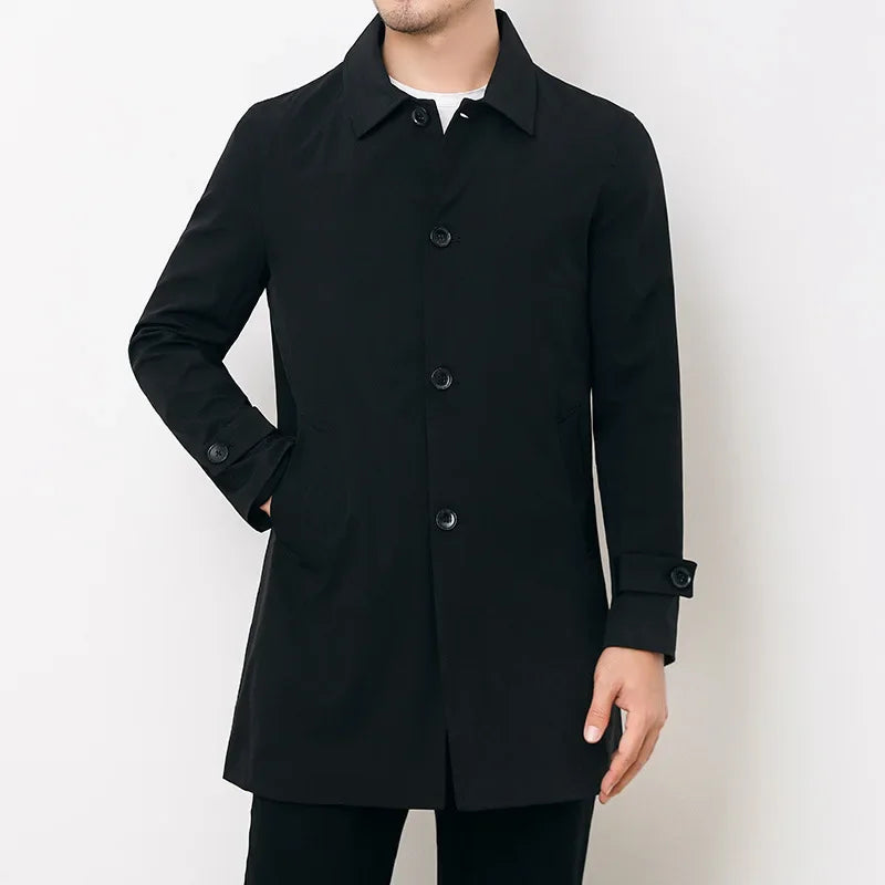 Back view of a men's classic water-repellent trench coat, showcasing its timeless design and tailored fit.