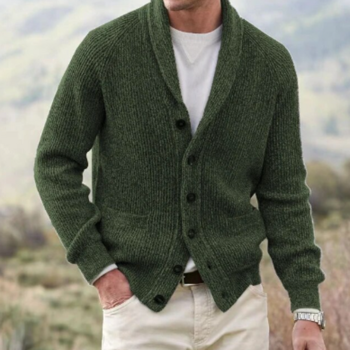 Versatile men's button-up cardigan, a classic knit sweater with a shawl collar, ideal for casual and smart casual wear.