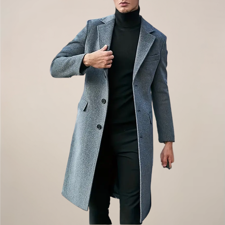 Men's classic lapel long overcoat in black, perfect for fall & winter, offering a tailored fit and elegant outerwear style.