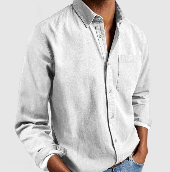 Front view of a men's classic button-up shirt, designed for a comfortable and versatile fit, essential menswear.