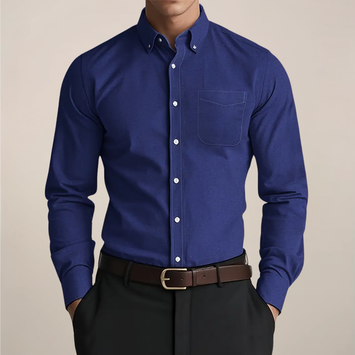 Comfortable men's long sleeve button-up shirt, easily transitions from casual to formal attire.