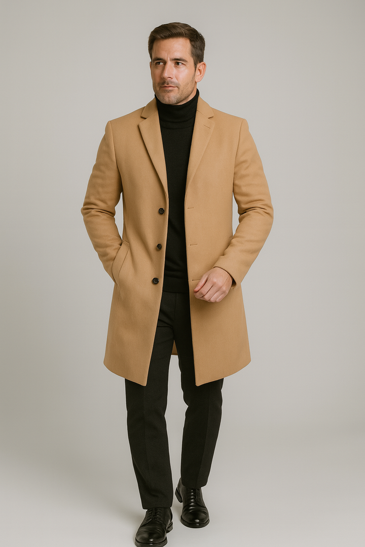 Stylish men's classic long trench coat in black, featuring a refined notch lapel for winter fashion.