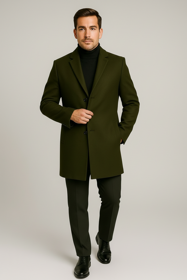 Khaki men's classic long overcoat to elevate style. A versatile trench coat with an elegant notch lapel.