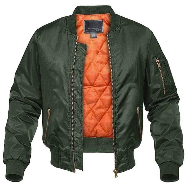 Men's classic pilot bomber jacket, black cotton, front view, zippered pockets, for casual wear, fall/spring