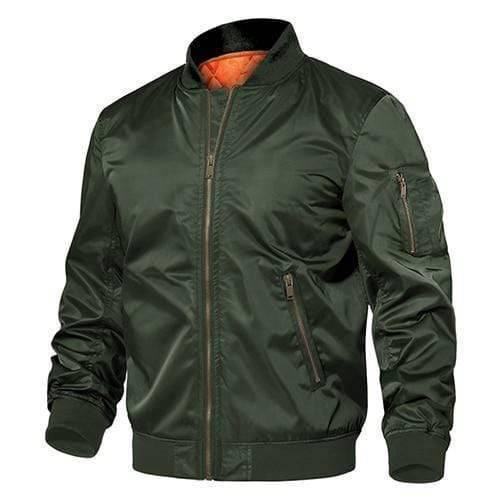 Men's bomber jacket, brown leather, classic pilot style, shown open, versatile outerwear for all seasons
