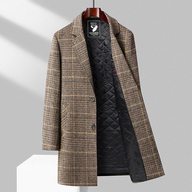 Classic men's plaid wool overcoat, elegant tailored fit for warm winter fashion.