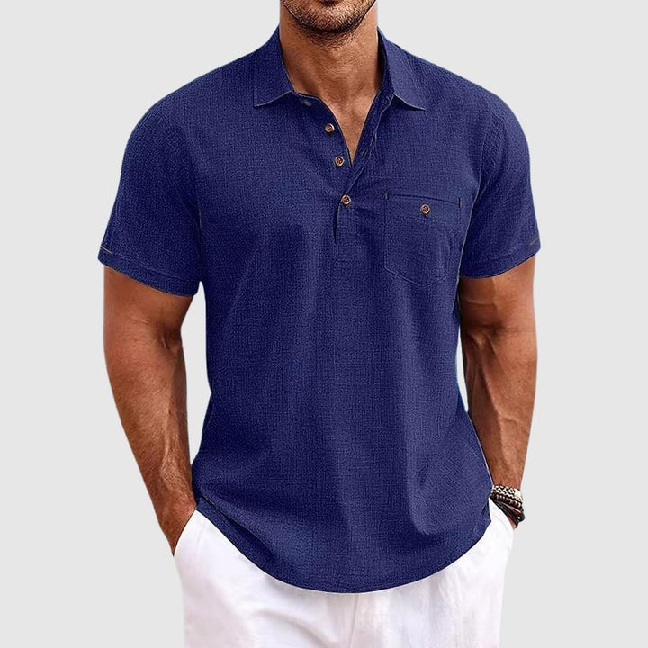 Comfortable men's classic polo shirt featuring a chest pocket and short sleeves for warm weather.