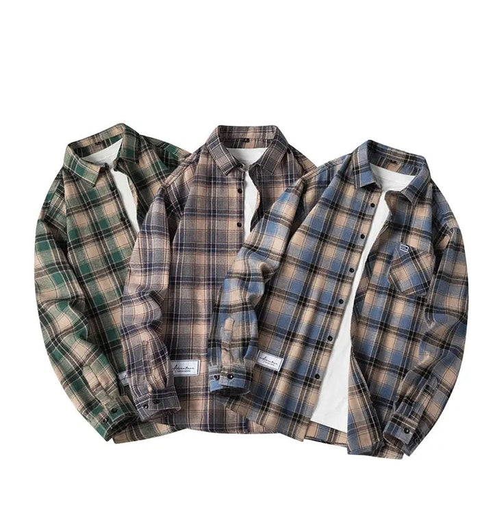 Cozy men's gray plaid flannel shirt, perfect for casual outfits, timeless style & comfort.