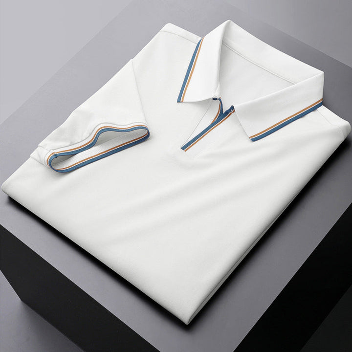Fashionable men's short sleeve polo with a crisp contrast collar, a staple for any casual wardrobe.