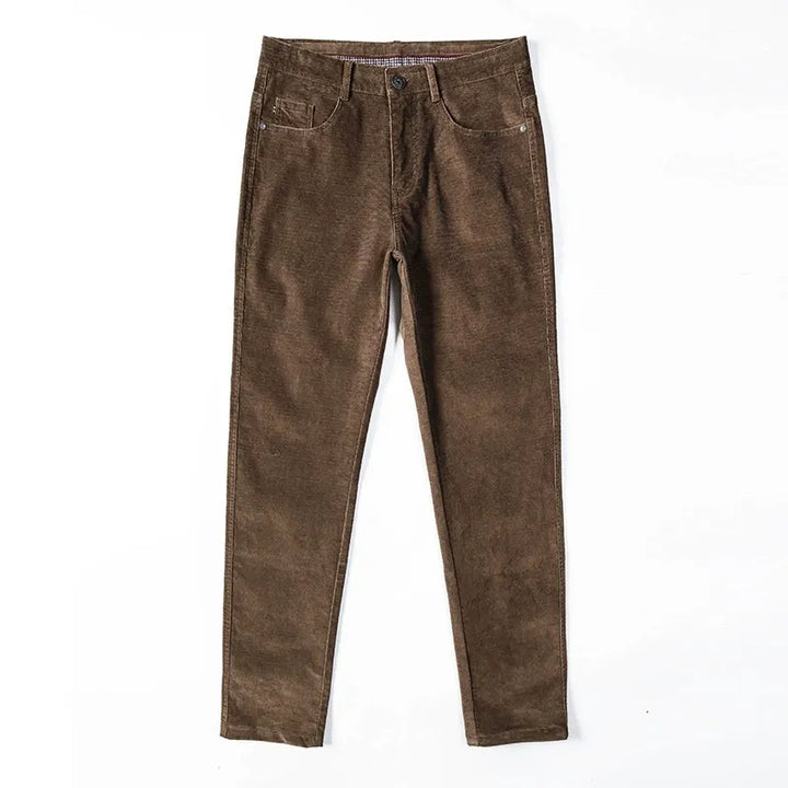 Straight leg men's stretch corduroy pants, offering classic style and comfortable midweight fit.