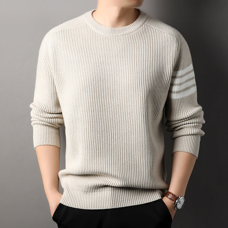 Cozy men's long sleeve striped sweater, perfect for fall and winter outfits.