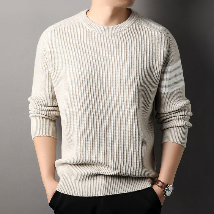Cozy men's long sleeve striped sweater, perfect for fall and winter outfits.
