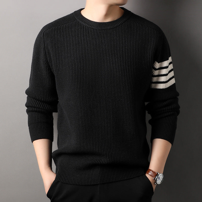 Comfortable men's striped long sleeve pullover, great for casual fall and winter outfits.