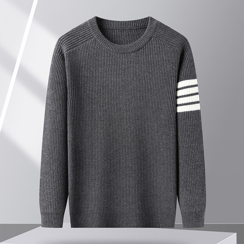 Fashionable men's striped long sleeve pullover, ideal for cozy fall and winter outfits.