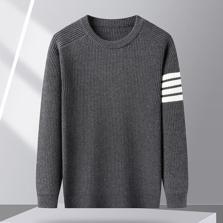 Fashionable men's striped long sleeve pullover, ideal for cozy fall and winter outfits.