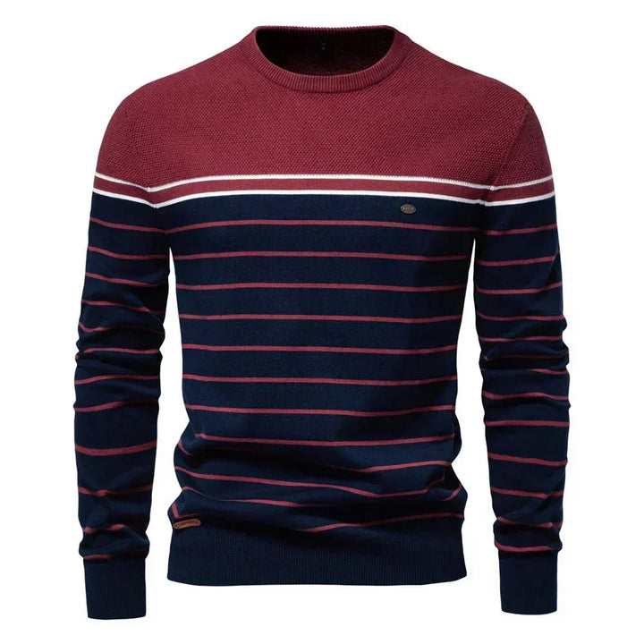 Comfort fit men's striped sweater, a versatile long sleeve pullover for classic fashion.