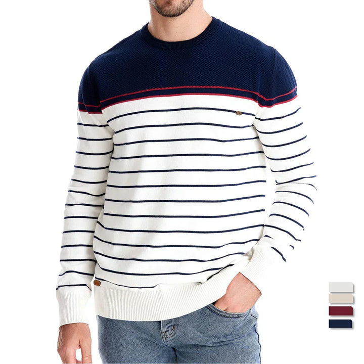 Long sleeve men's comfort fit striped sweater, an essential everyday top for men's fashion.