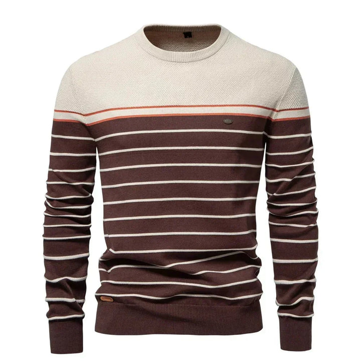 Close-up of a men's striped pullover sweater, showcasing the classic pattern & quality.
