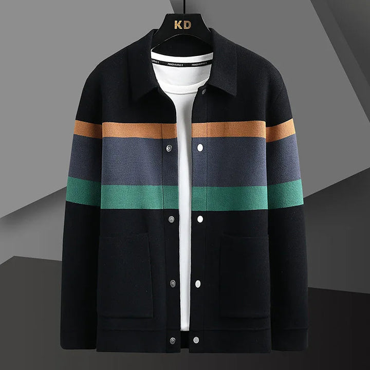 Relaxed fit men's striped bomber jacket, a staple for streetwear & casual style, featuring a classic button-up.