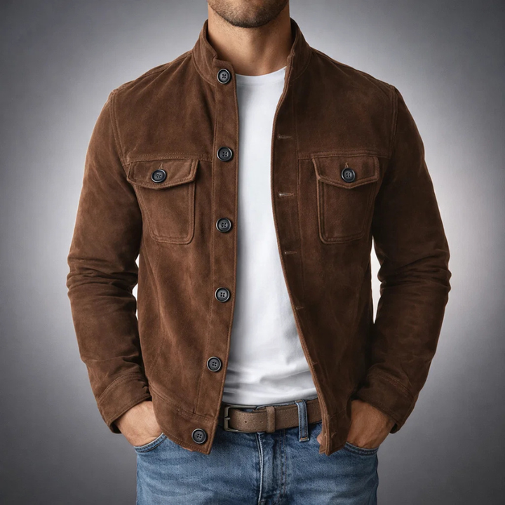 Stylish men's classic jacket with practical pockets, ideal for layering. Versatile seasonal outerwear apparel.