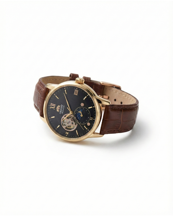 Men's Classic Sun & Moon automatic watch with black leather strap, elegant vintage mechanical timepiece.