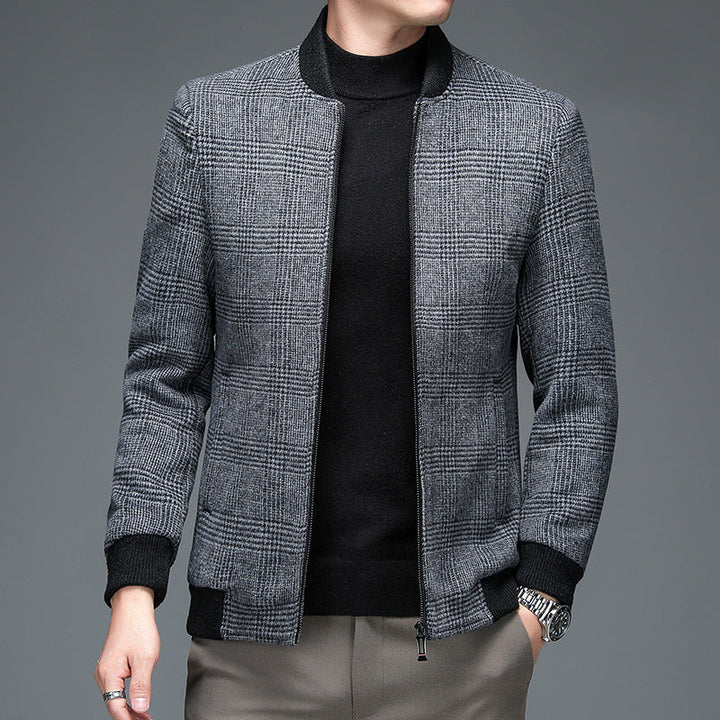 Stylish men's tailored camel jacket for fall fashion. A classic outerwear piece for sophisticated men.