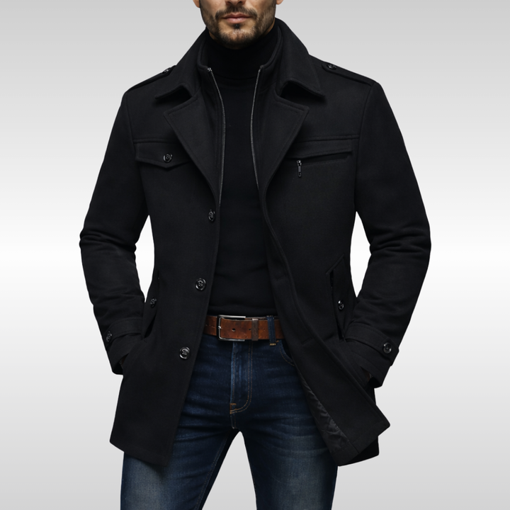 Stylish men's classic overcoat, showing tailored fit and quality fabric, ideal for a smart business look.