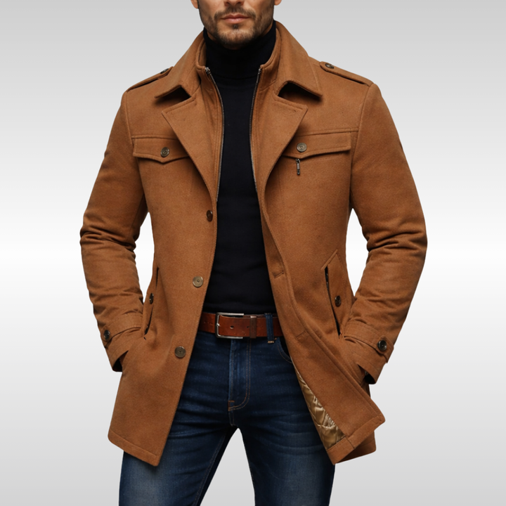 Elegant men's formal overcoat, a classic winter jacket providing warm layering for cold weather fashion.