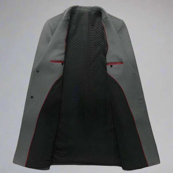 Men's sophisticated tailored trench coat, a classic overcoat for stylish fall and winter fashion.