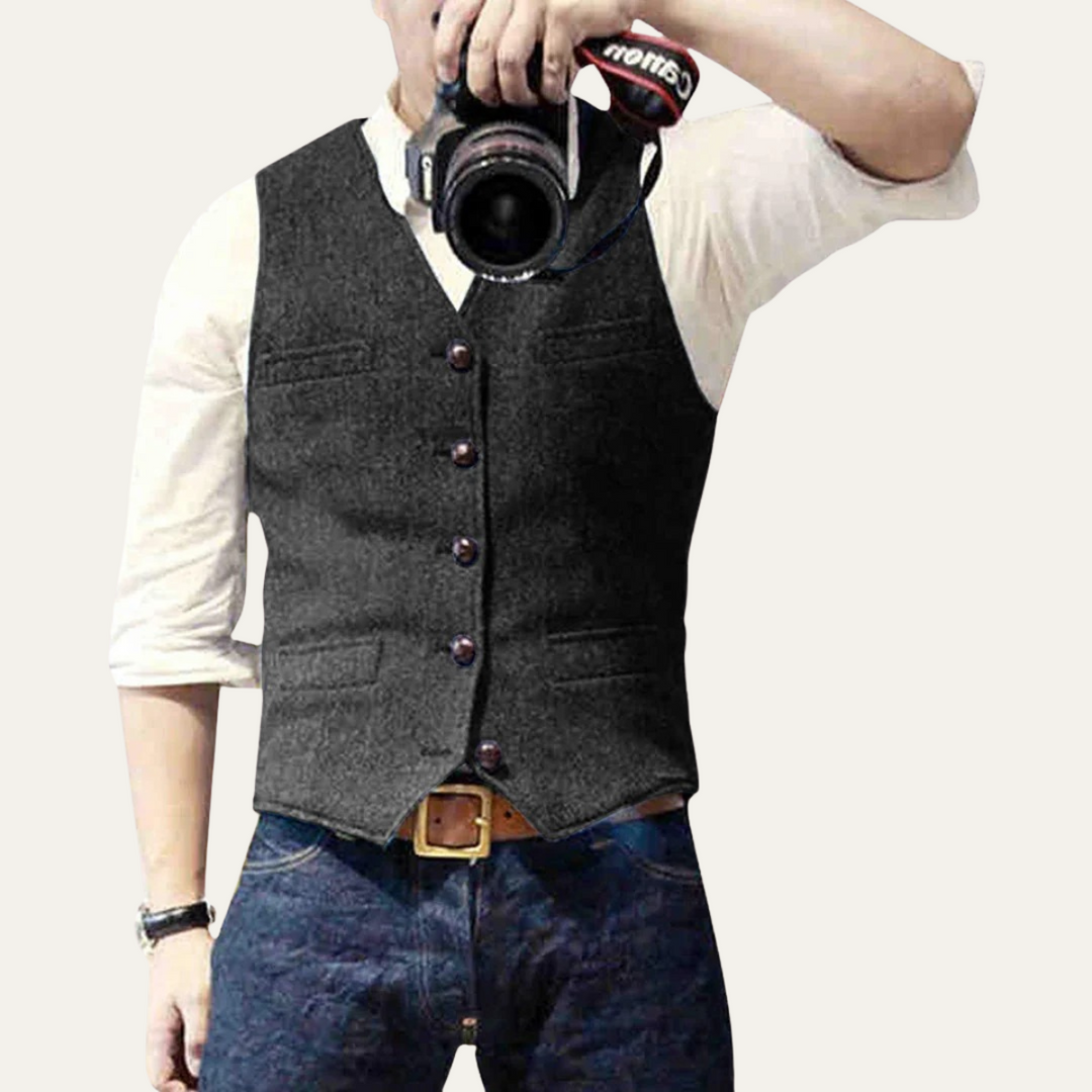 Classic men's tailored waistcoat. Versatile button-up vest suitable for formal events or everyday elegant style.
