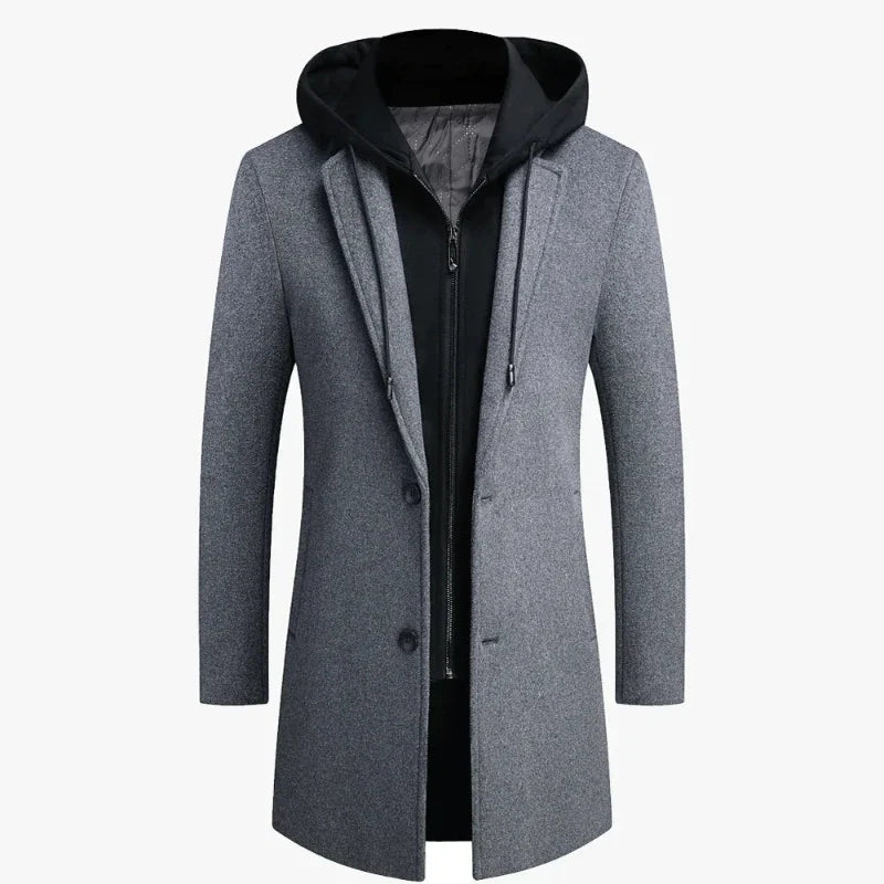 Full-length shot of a men's classic trench coat, featuring a detachable hood. Versatile long overcoat.